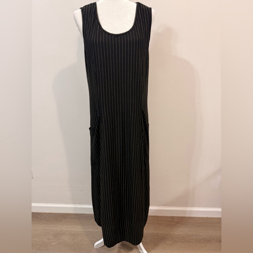 Kozan Black Pinstripe Sleeveless Lagenlook With Pockets Maxi Dress Size M